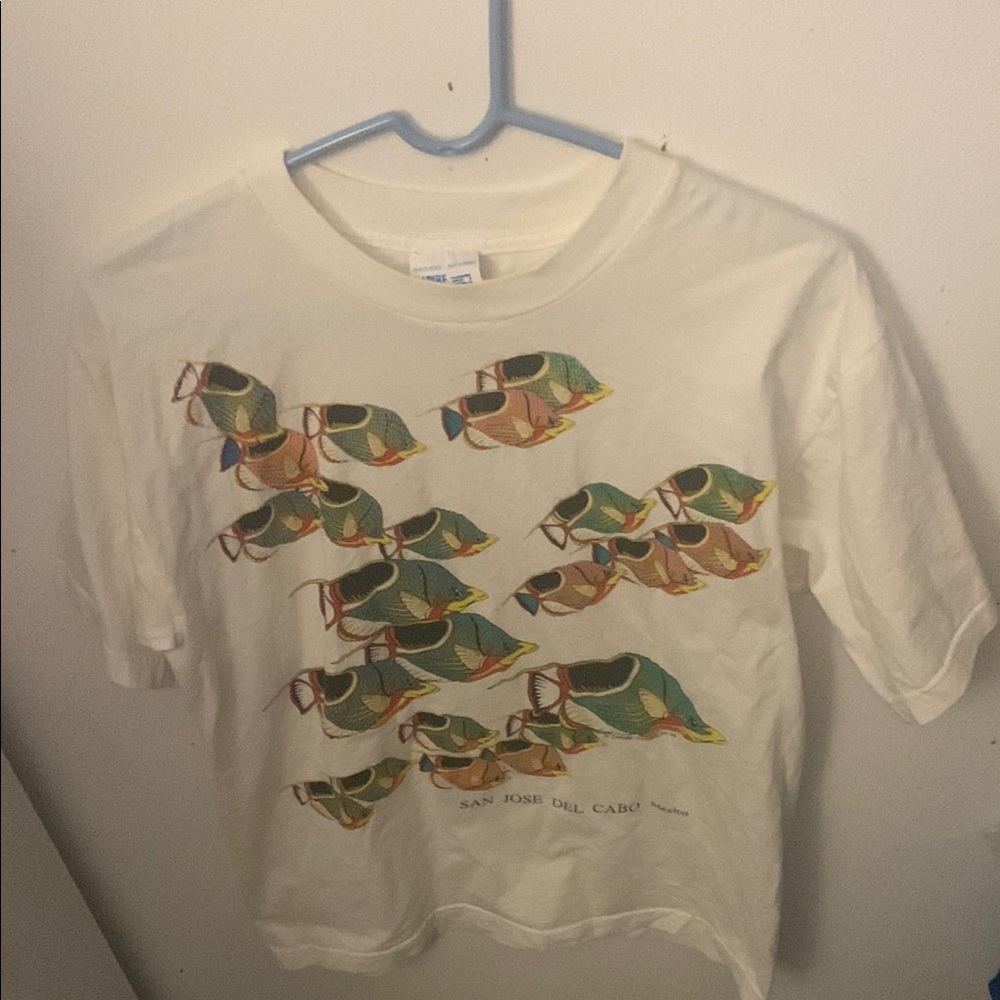 Stunning Vintage Fish Print 50/50 T-Shirt Caribe San Jose Del Cabo Mexico SZ M/L